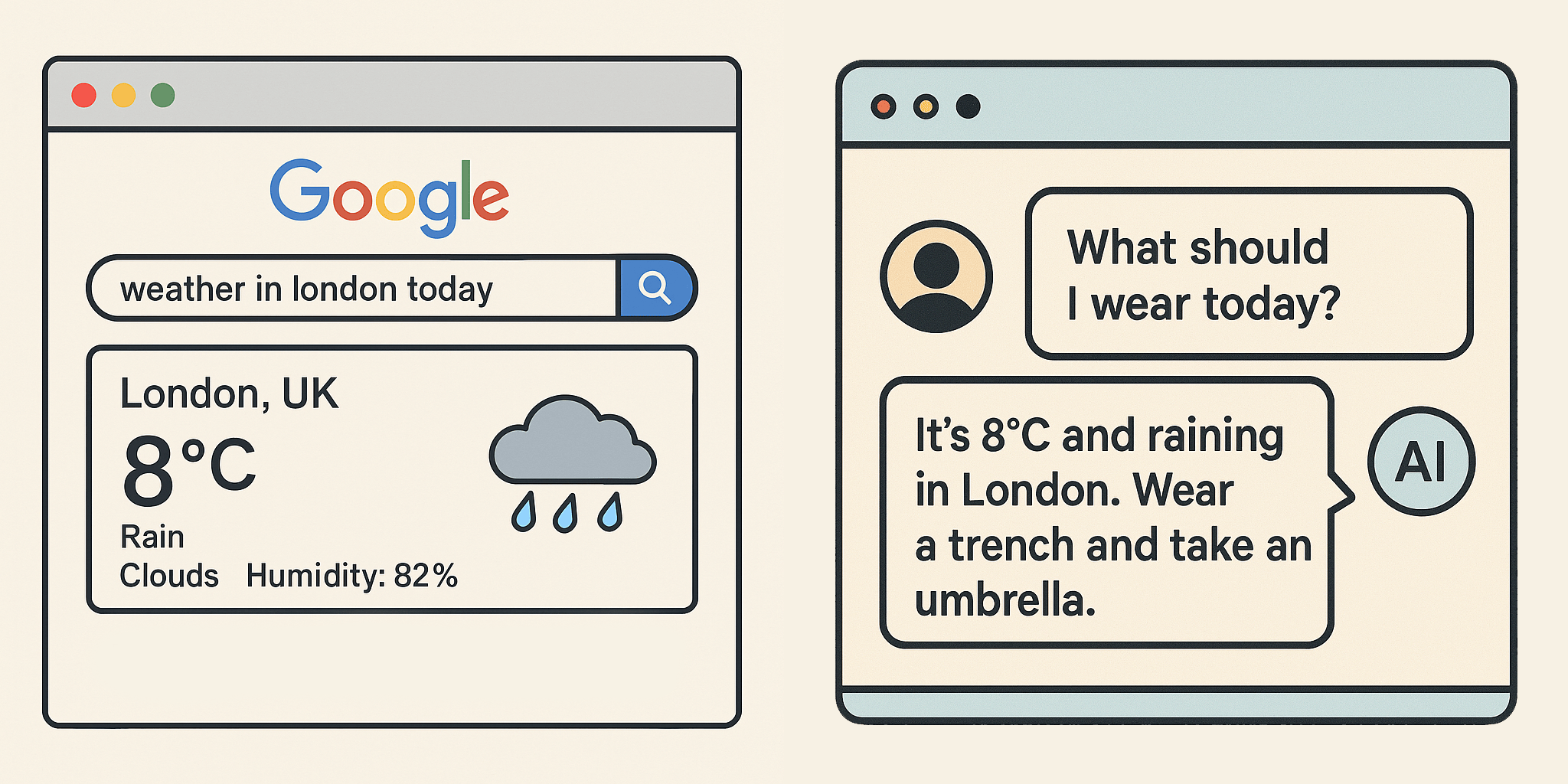 Split-screen image. Left: a browser window showing a Google search for "weather in london today" with a result panel reading "London, UK 8 °C Rain Clouds Humidity: 82 %" and a rain cloud icon. Right: an AI chat window with the user asking "What should I wear today?" and the AI replying "It's 8 °C and raining in London. Wear a trench and take an umbrella."
