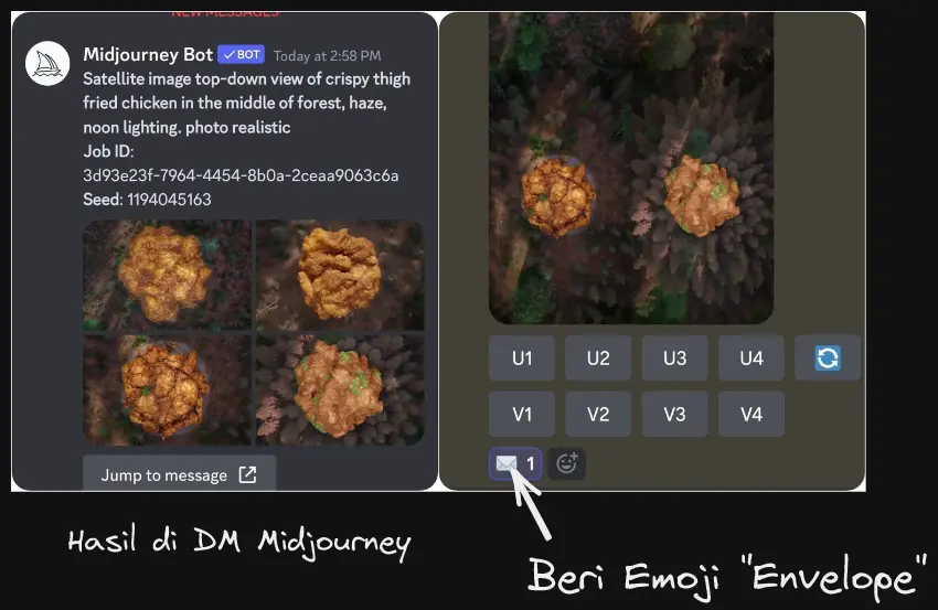 berikan emoji "envelope" di hasil grid midjourney, nanti bot midjourney akan mengirimkan detail informasi