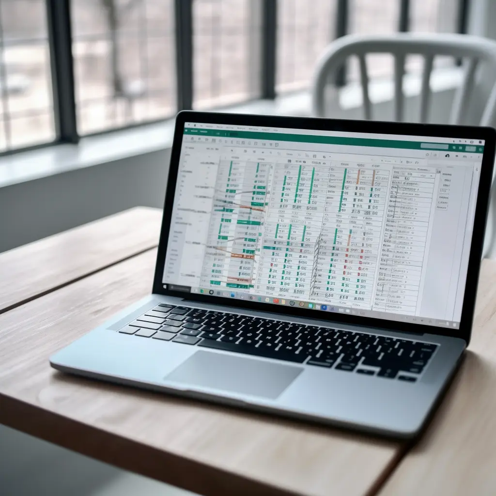 minimalistic editorial photo of laptop opened spreadsheets for business