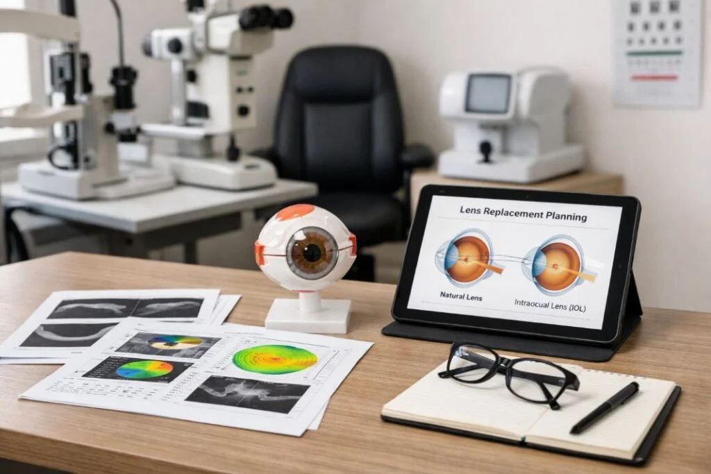 An illustrative image of a contemporary eye clinic consultation room with a desk showing lens replacement planning materials