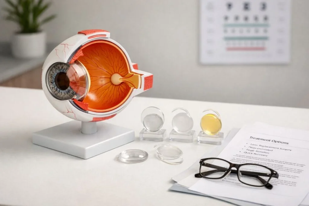 An illustrative image of an anatomical eye model displayed on a consultation desk