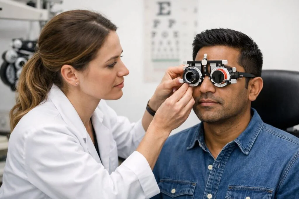 An illustrative image of a patient wearing a trial frame during an eye examination