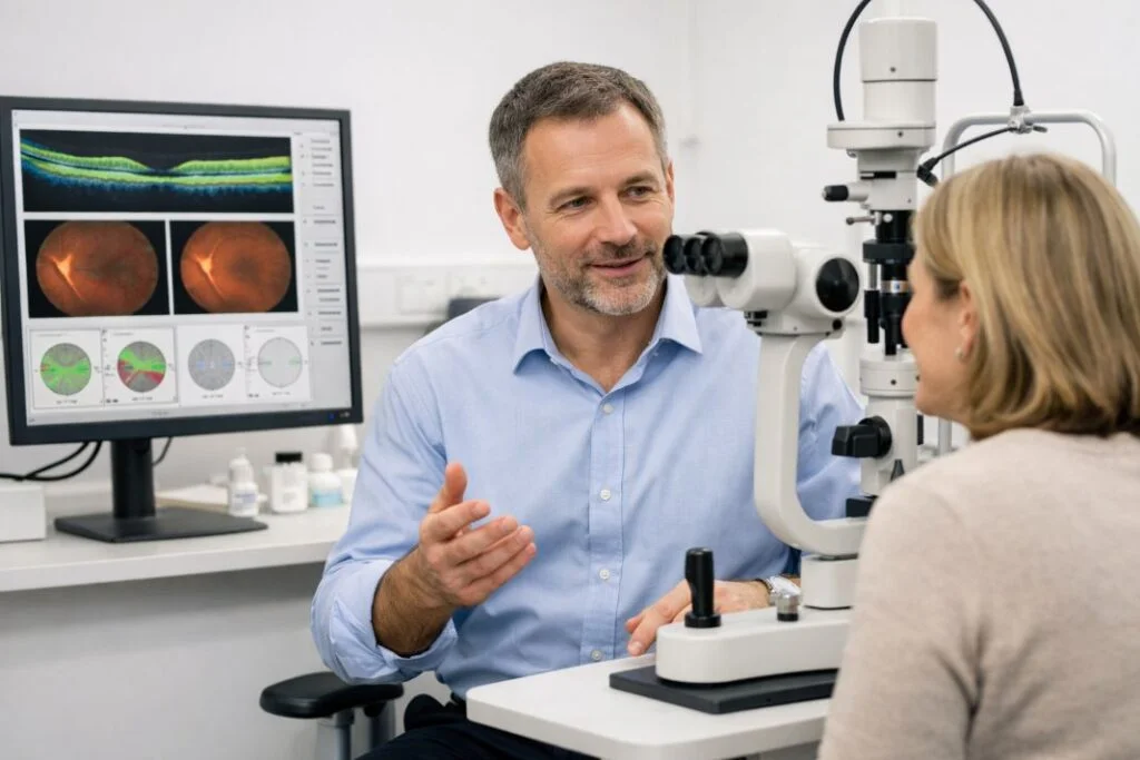 An illustrative image of an ophthalmologist in conversation with a patient during an eye examination