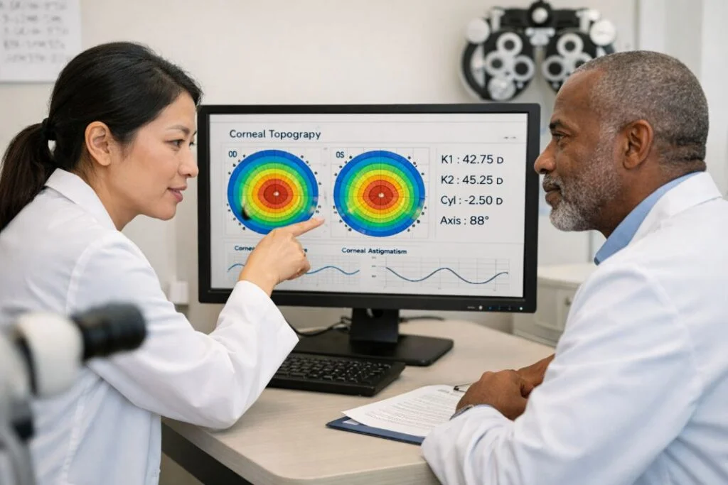 An illustrative image of two optometrists reviewing astigmatism-related eye test data