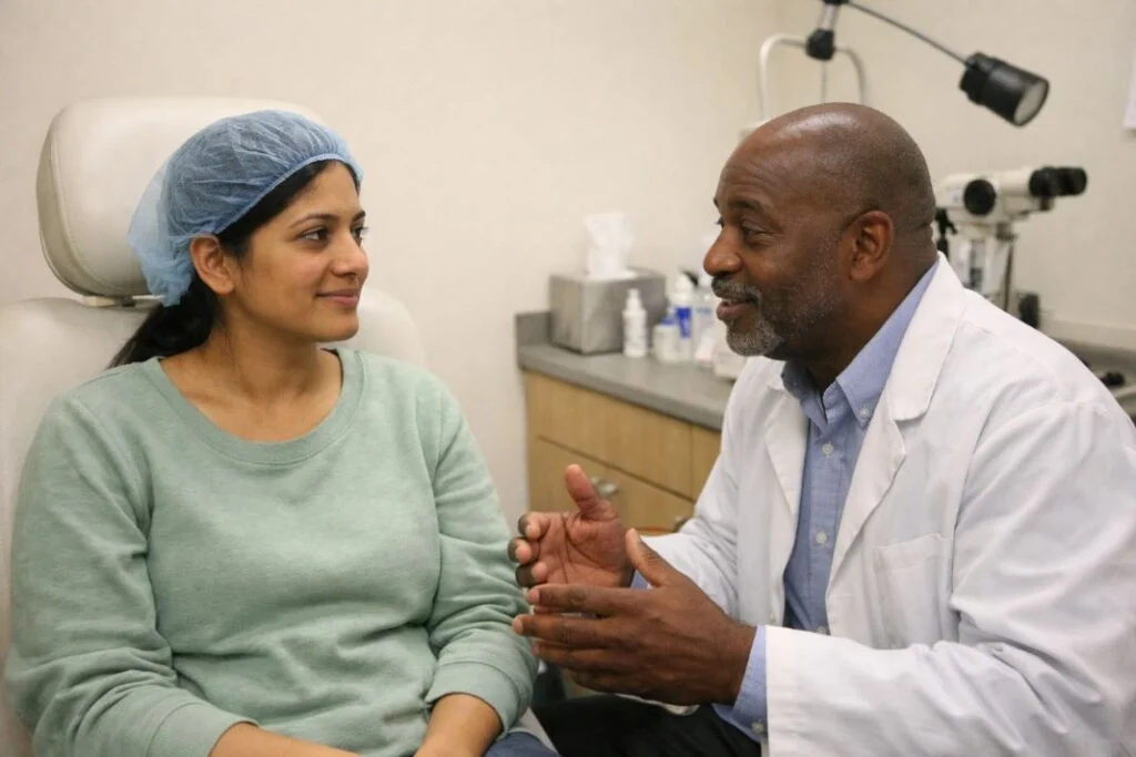 An illustrative image of a patient in an eye clinic room preparing for an eye procedure while a consultant speaks calmly to her