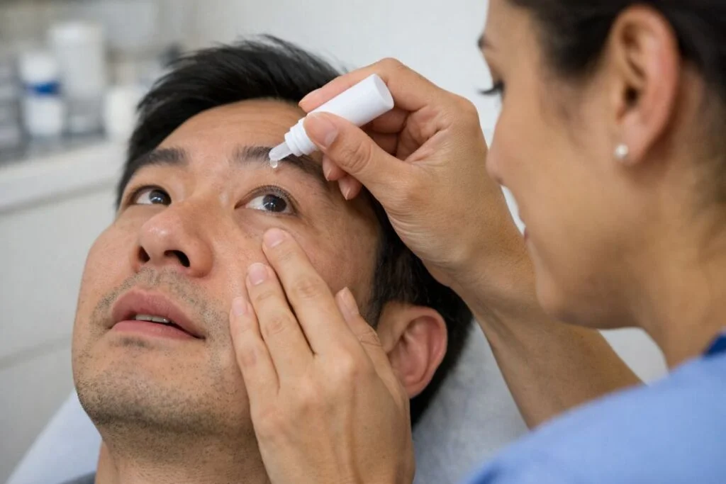 An illustrative image of a patient receiving anaesthetic eye drops under bright clinical lighting