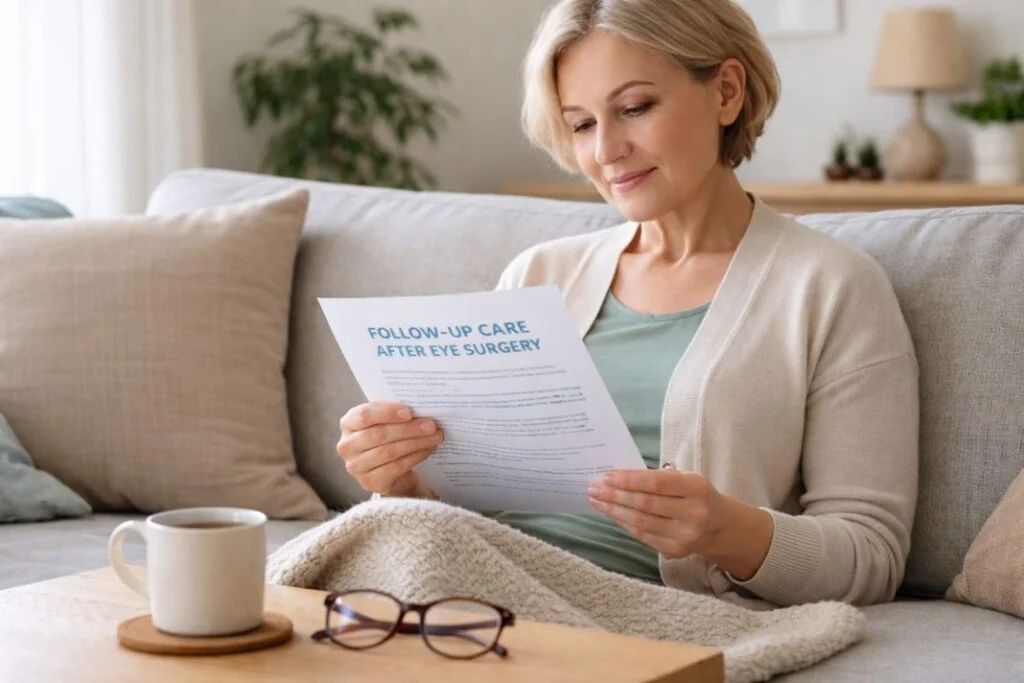 An illustrative image of a person sitting comfortably at home reading follow-up care instructions after eye surgery