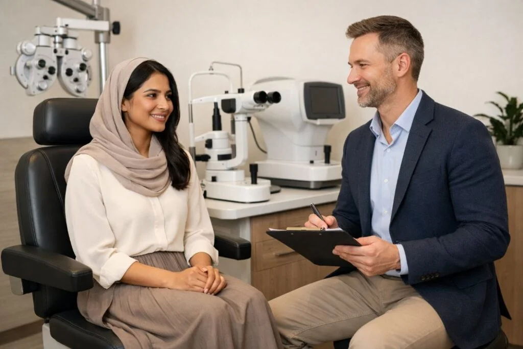 An illustrative image of an eye consultation session