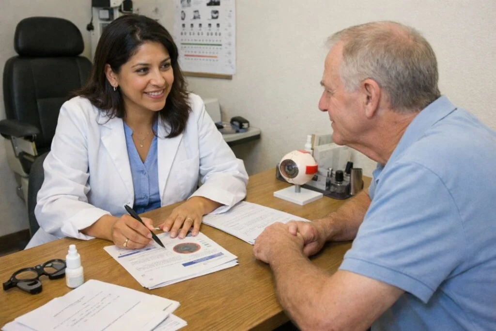 An illustrative image of a consultant ophthalmologist and a patient discussing treatment options