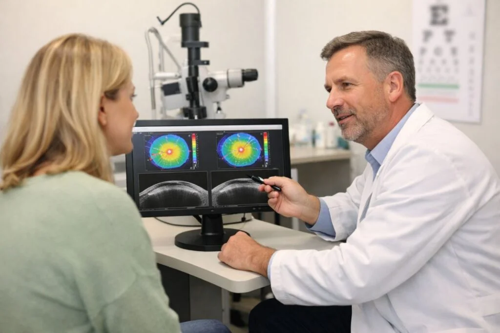 An illustrative image of a patient talking to an ophthalmologist who is showing corneal scans