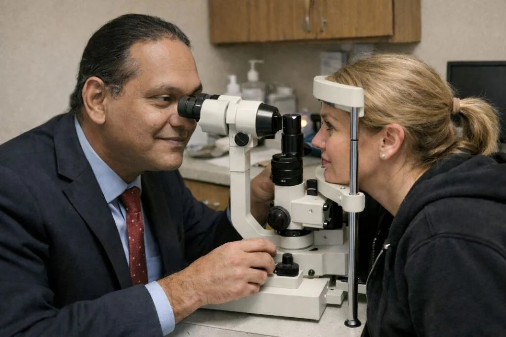 An illustrative image of an aftercare appointment where a patient is having an eye checkup