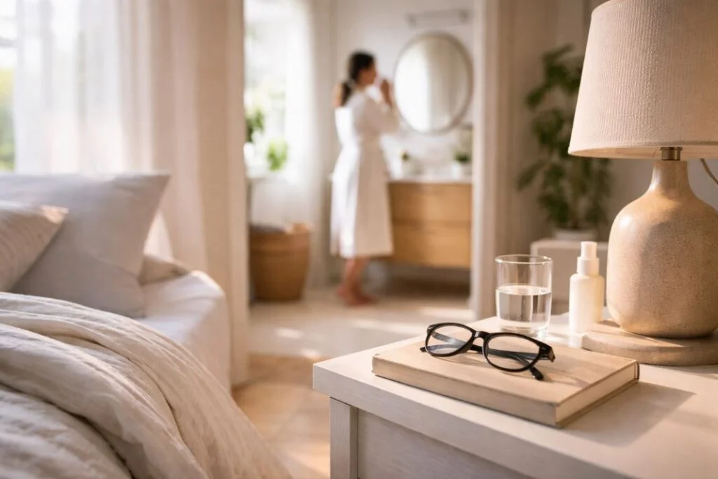 An illustrative image of a tidy morning routine in a bedroom with glasses resting unused
