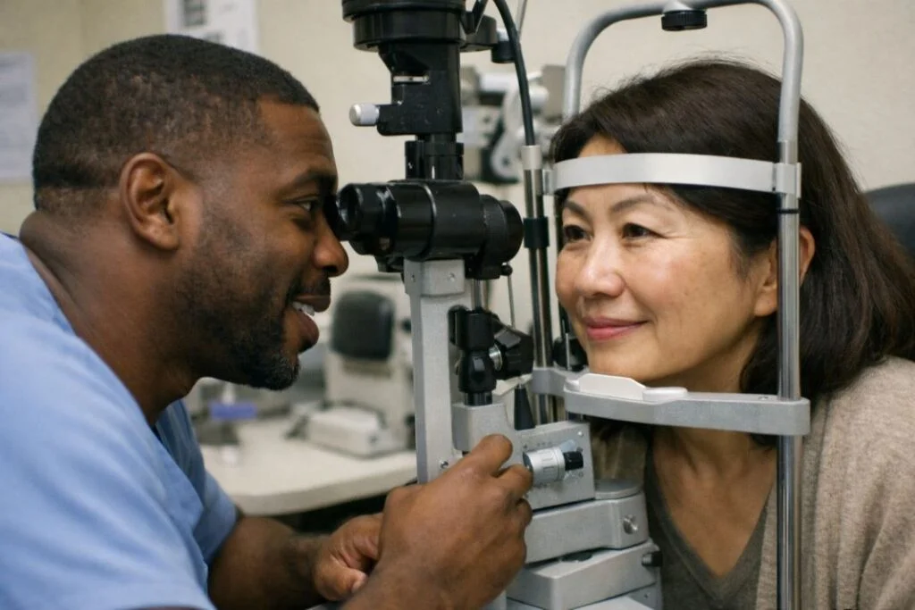 An illustrative image of a close-up eye examination showing a specialist using a slit lamp while talking calmly to a patient