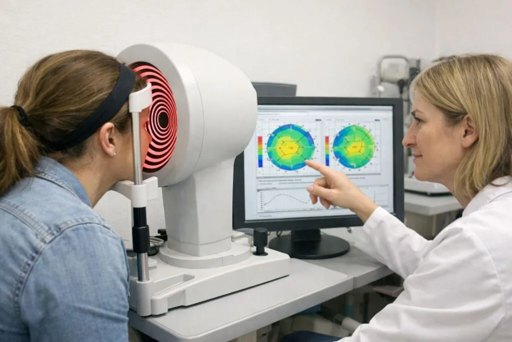 An illustrative image of a patient having their eyes scanned with a corneal mapping machine