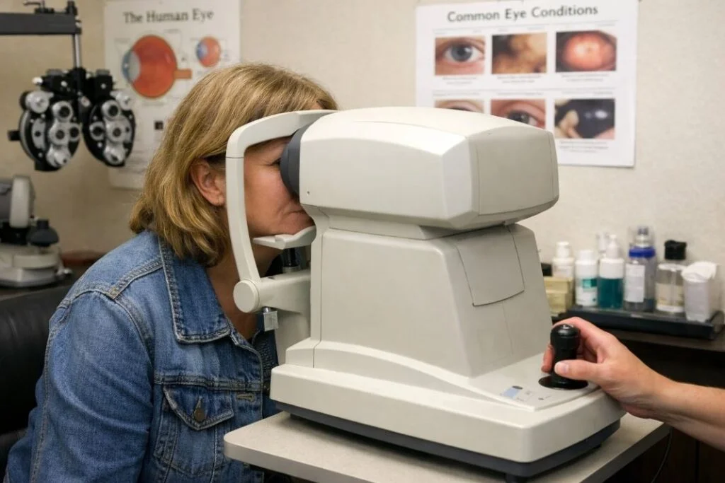 An illustrative image of a patient looking into an autorefractor machine in a typical optometrist's exam room