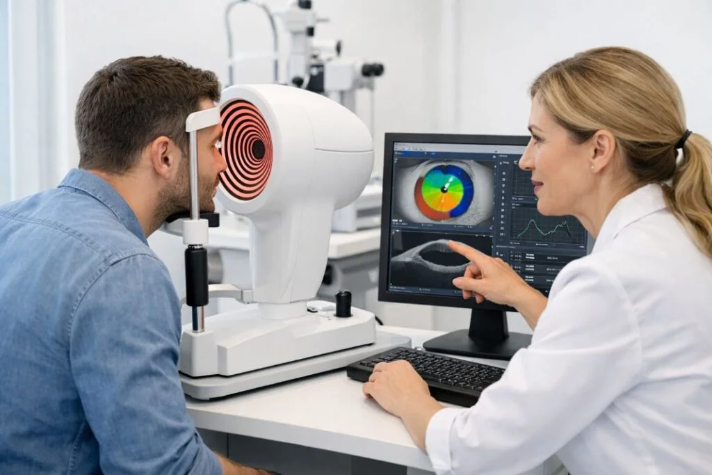 An illustrative image of a patient having detailed eye measurements taken in a clinic