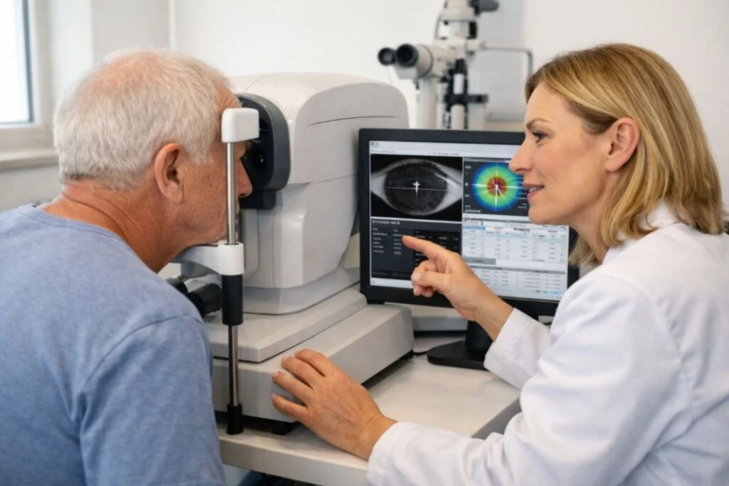 An illustrative image of a patient having detailed eye measurements taken in a clinic