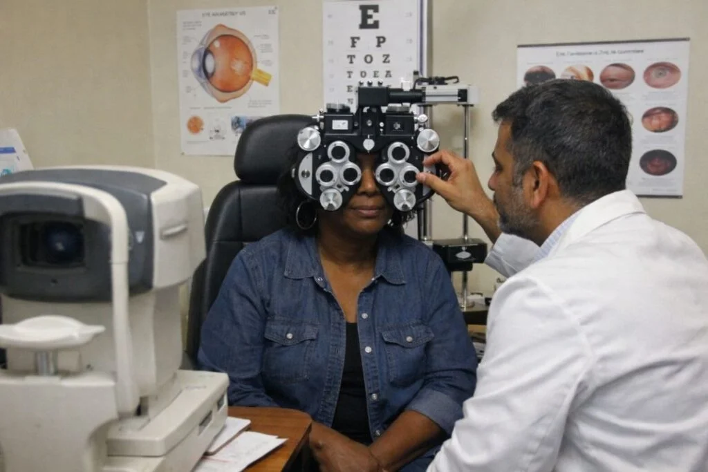 An illustrative image of a patient sitting in an optician’s exam room while having her eyes tested by a optometrist