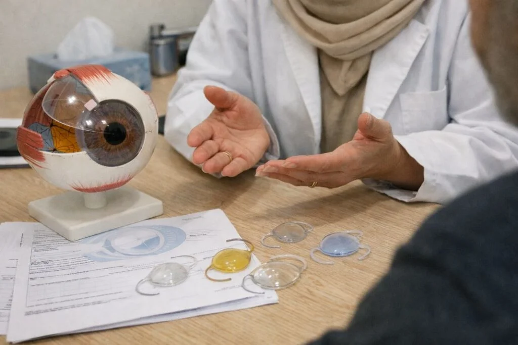 An illustrative image showing a close up view of an eye model and sample intraocular lenses laid out on a table