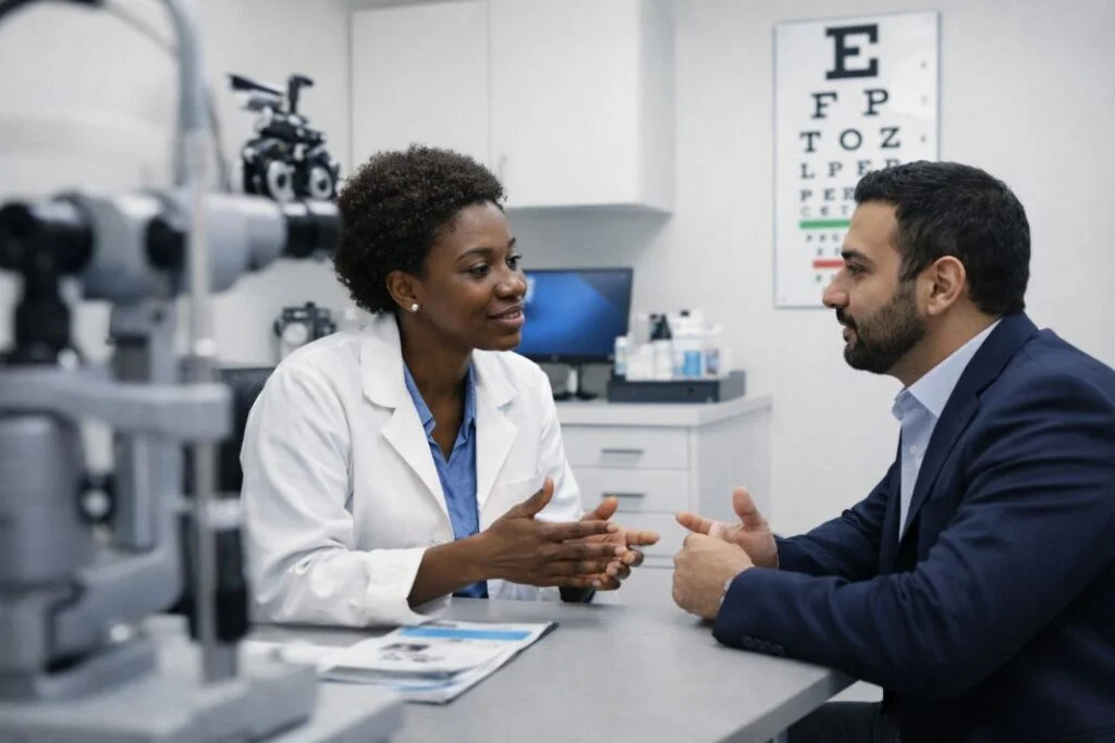 An illustrative image of a consulting room with a slit lamp and eye chart