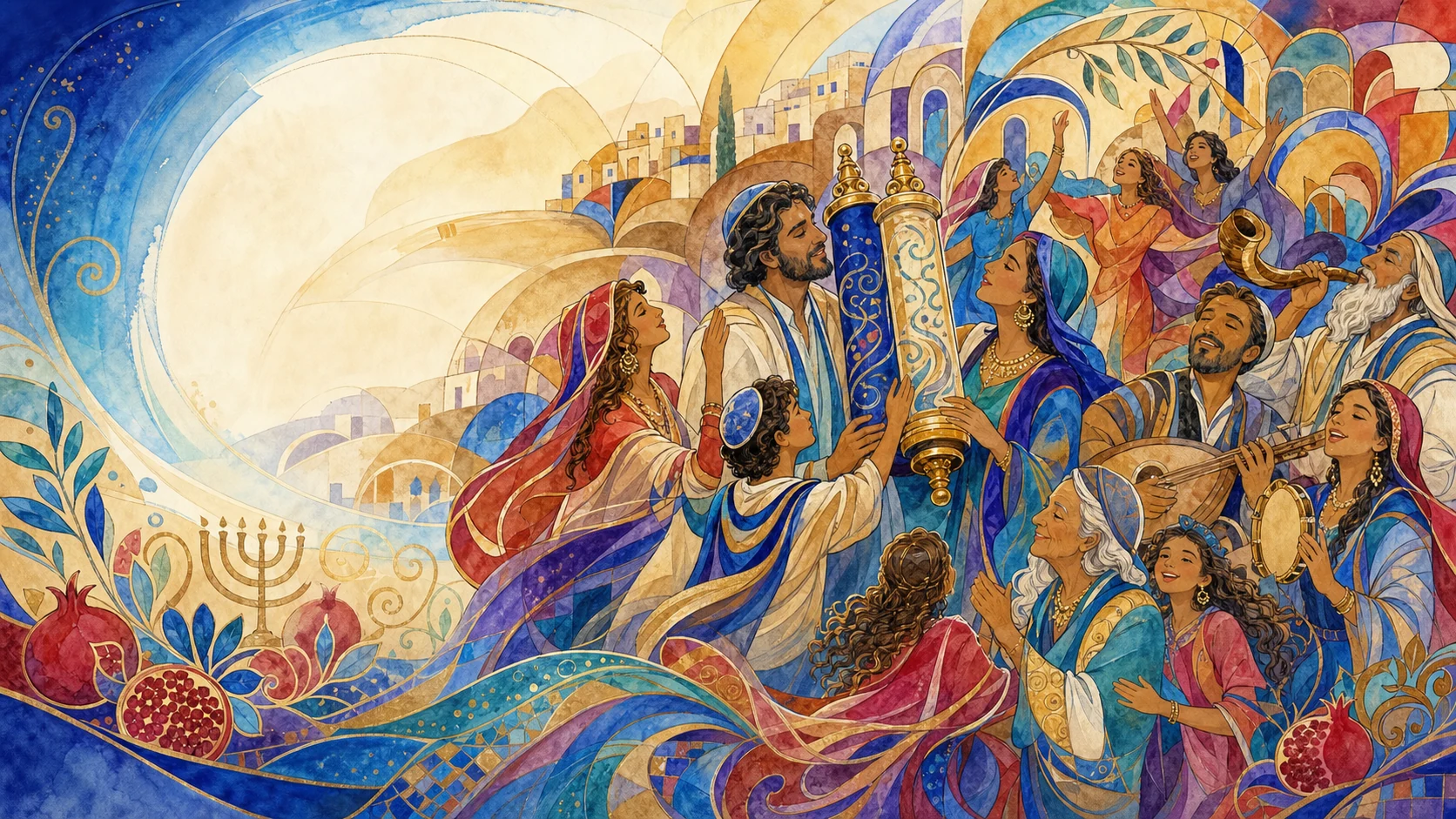 An original watercolor illustration of a diverse congregation celebrating Torah, music, and dance