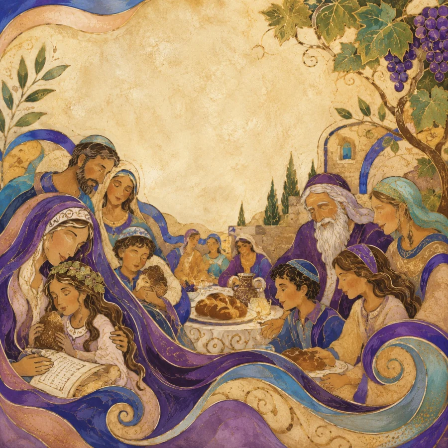 Mosaic artwork of several generations learning and sharing a meal together