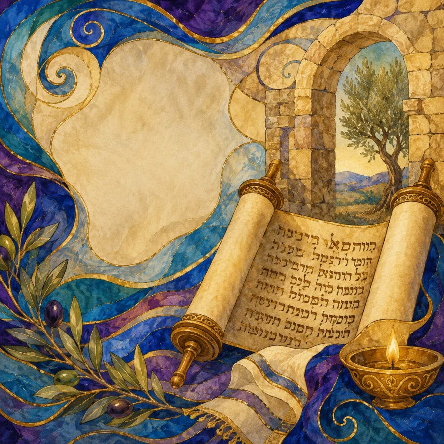 Mosaic artwork of a Torah scroll, olive branches, and a lit oil lamp