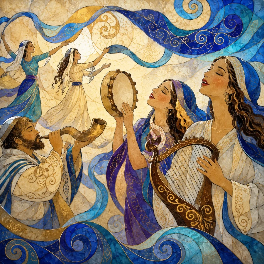 Mosaic artwork of musicians, singers, and dancers worshipping together