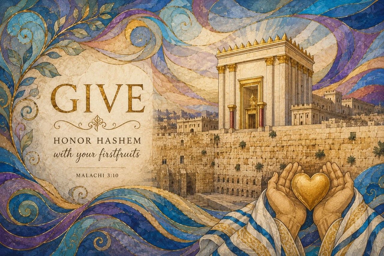 Mosaic artwork of the Temple and Western Wall with hands holding a golden heart and the words Give, Honor Hashem with your firstfruits