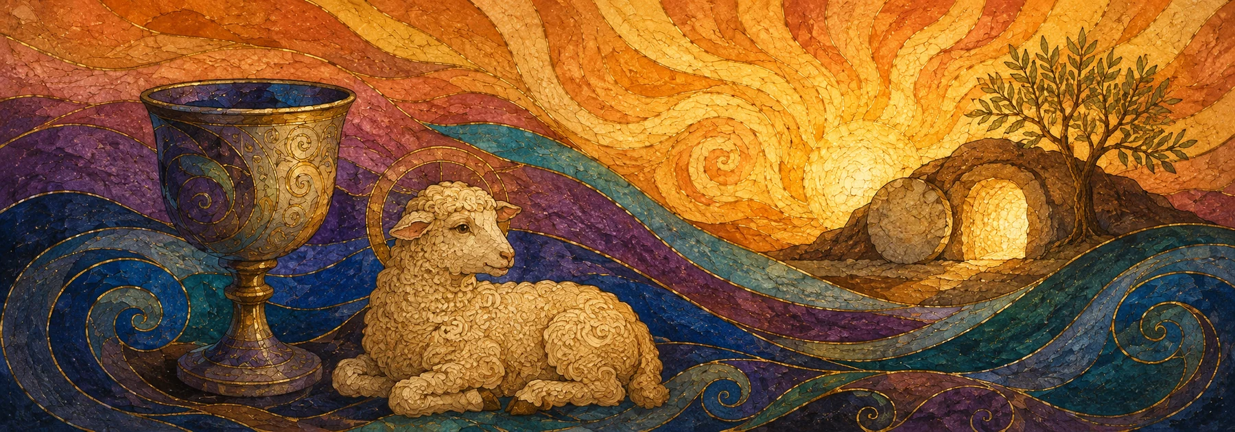 Mosaic artwork of a ceremonial cup, lamb, and empty tomb at sunrise