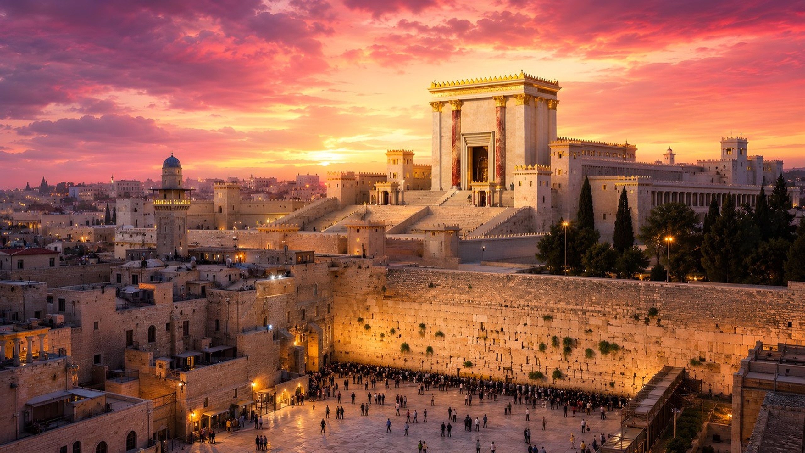 A radiant artistic view of Jerusalem and the Temple at sunset