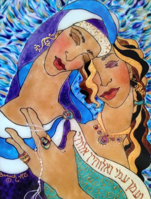 Ruth & Naomi by Hilary Sylvester, depicting two women in a vivid blue and gold palette