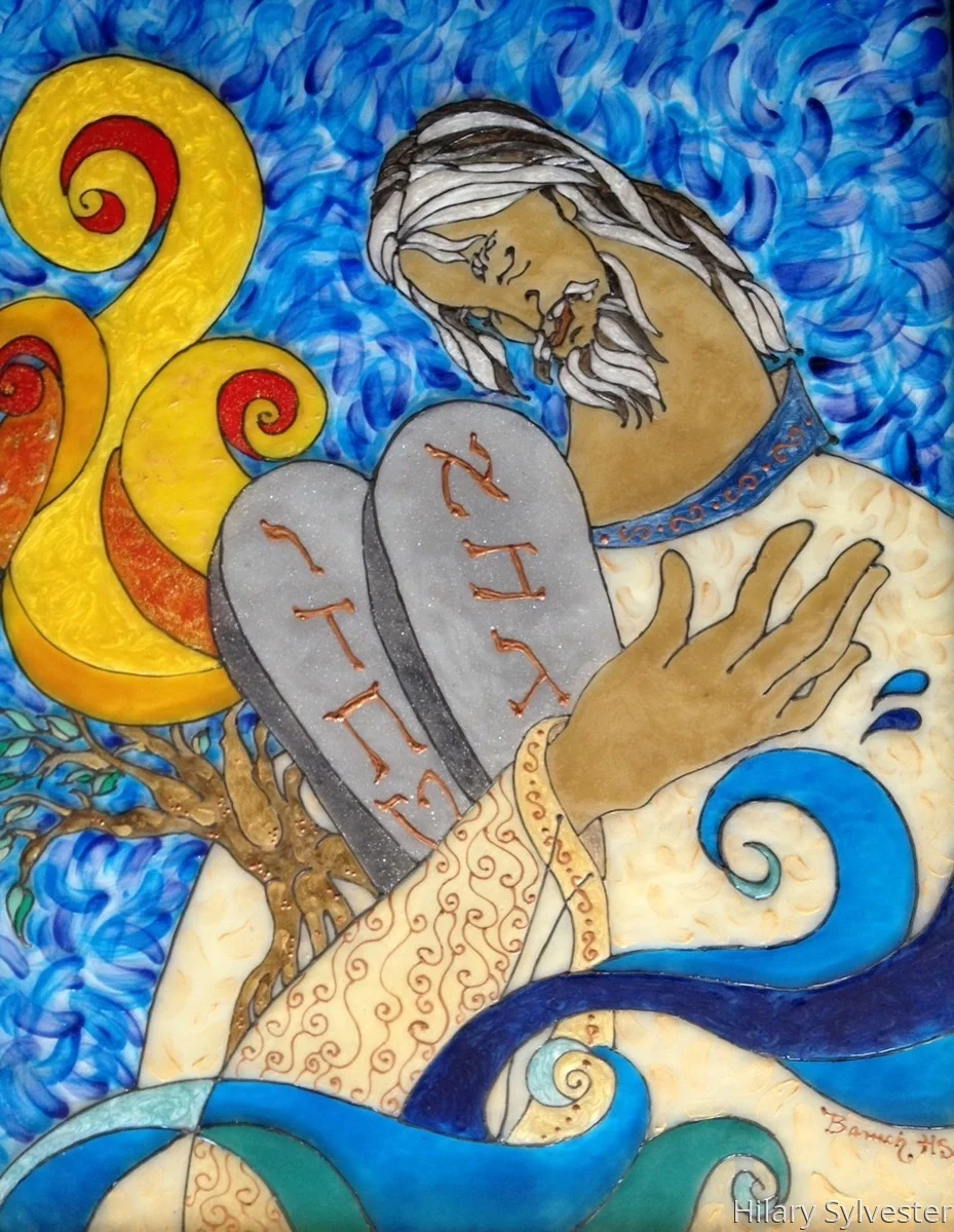 Moses & The Burning Bush by Hilary Sylvester, depicting Moses holding the tablets
