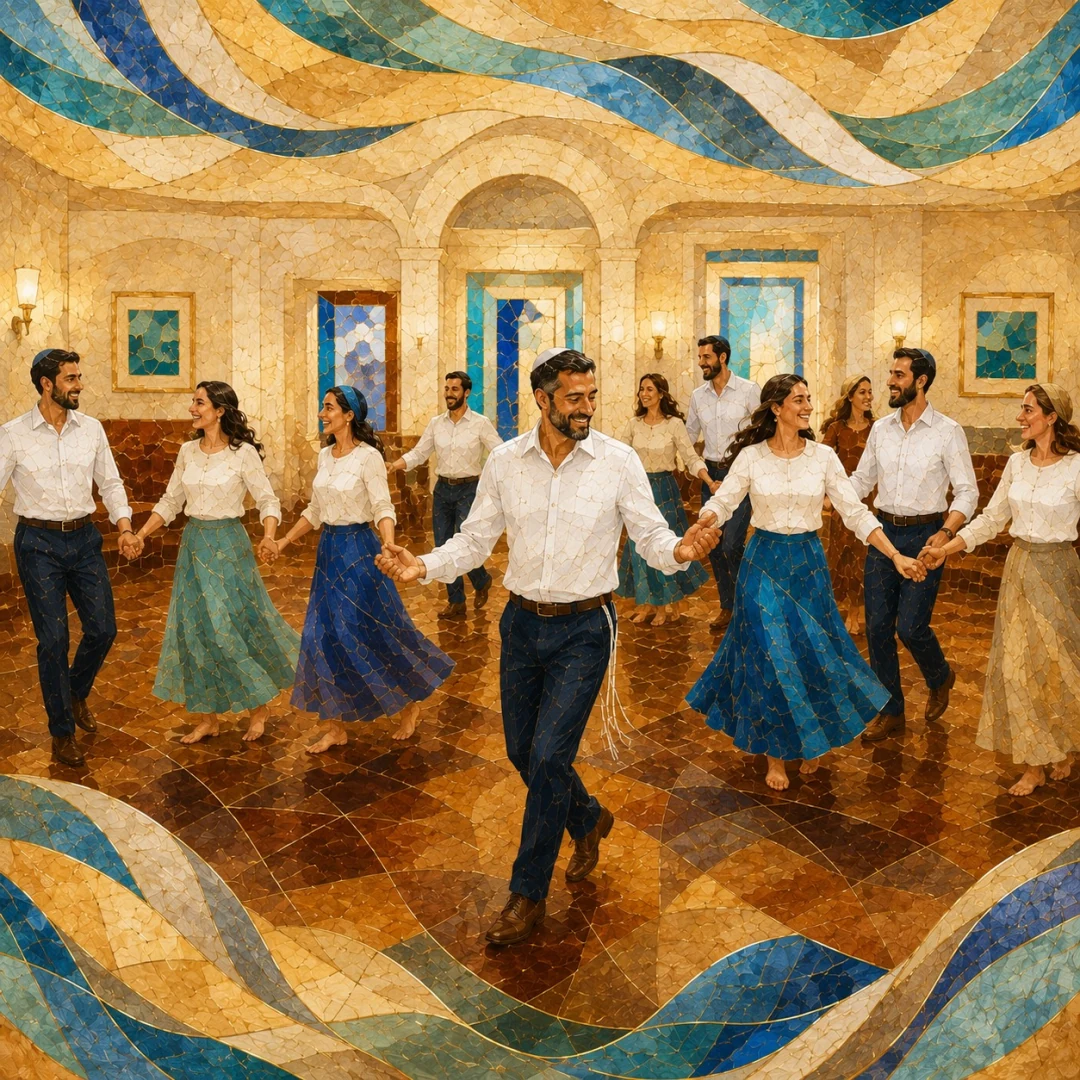 Mosaic artwork of a Messianic Jewish congregation participating in Davidic dance