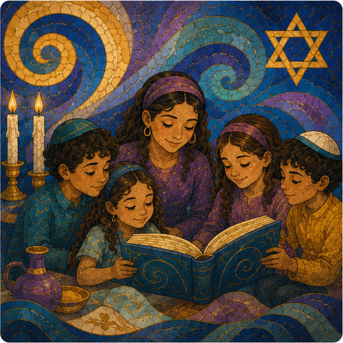 Mosaic-style illustration of children studying Jewish scripture together
