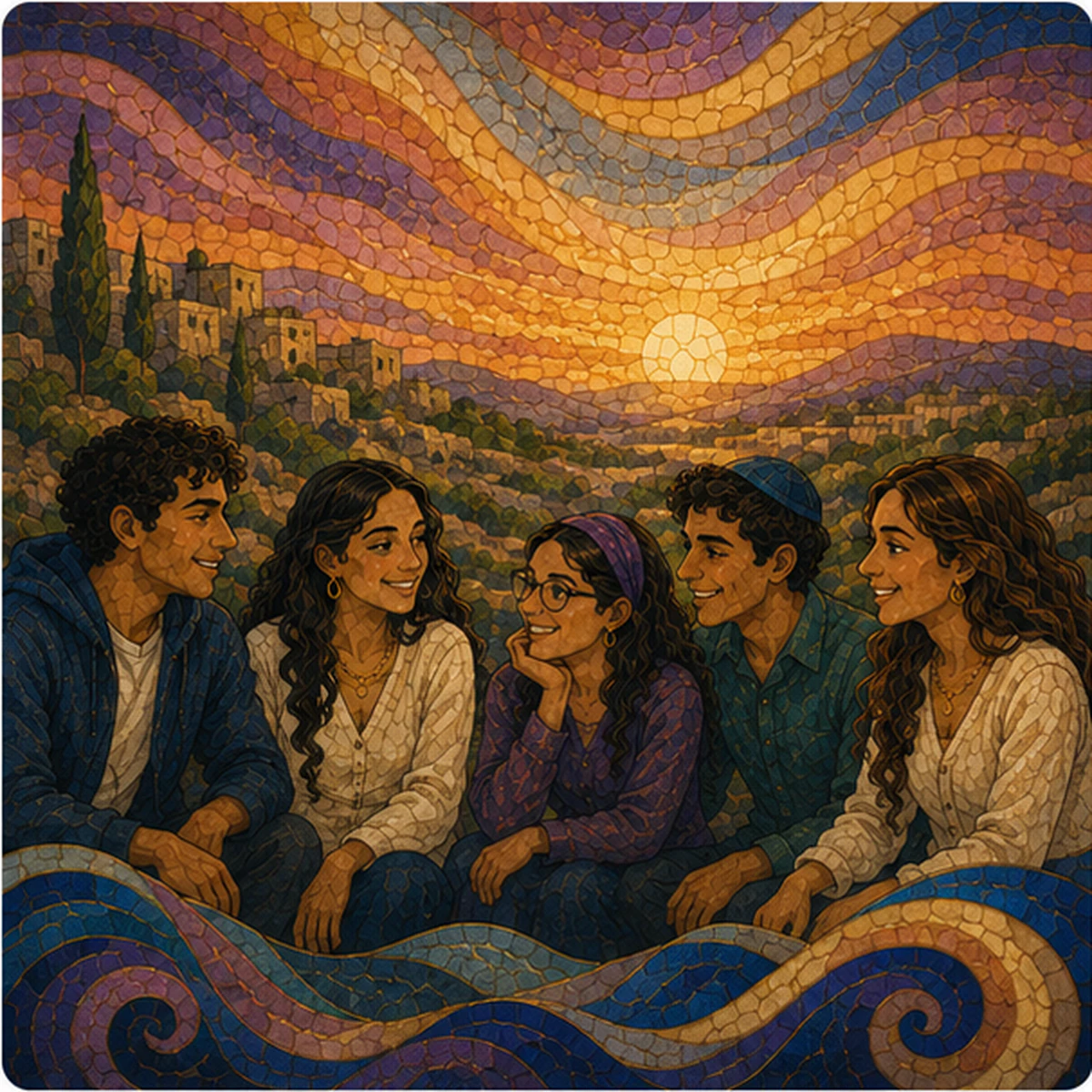 Mosaic-style illustration of friends gathered beneath a Jerusalem sunset