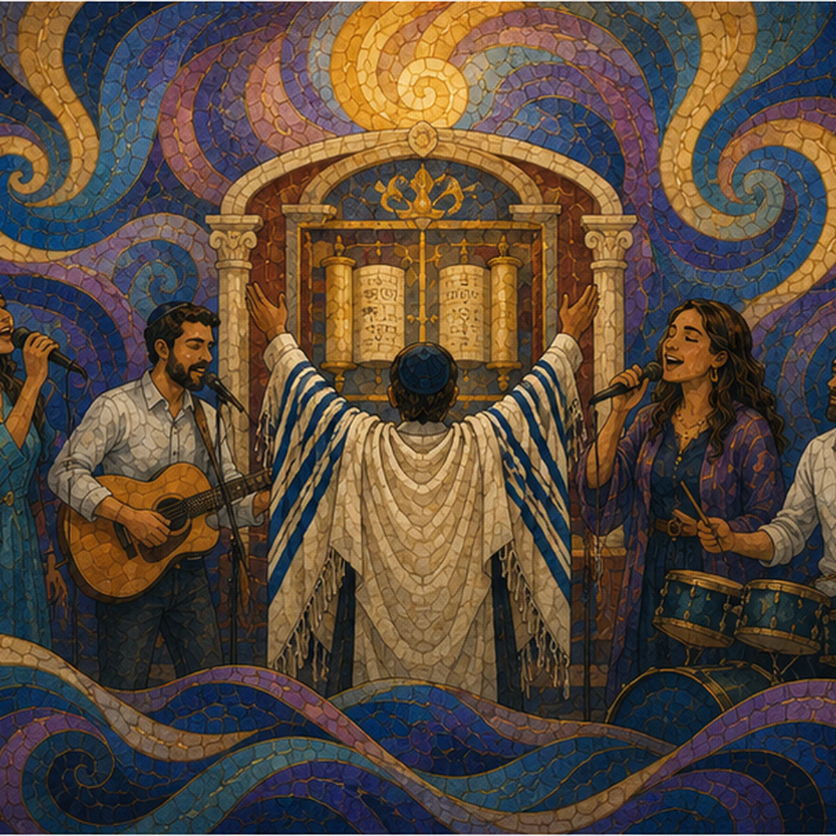 Mosaic-style illustration of Shabbat worship and music
