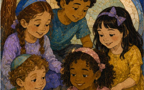 Mosaic-style illustration of five children reading together