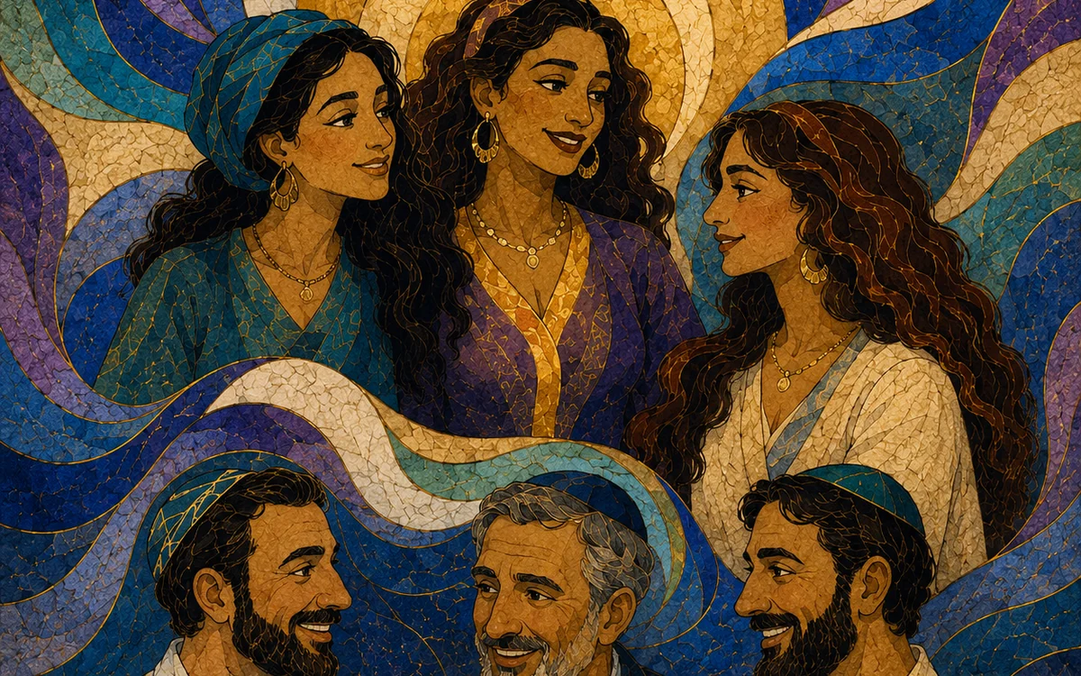 Mosaic-style illustration of women and men gathered in fellowship