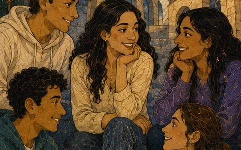 Mosaic-style illustration of young adults gathered together