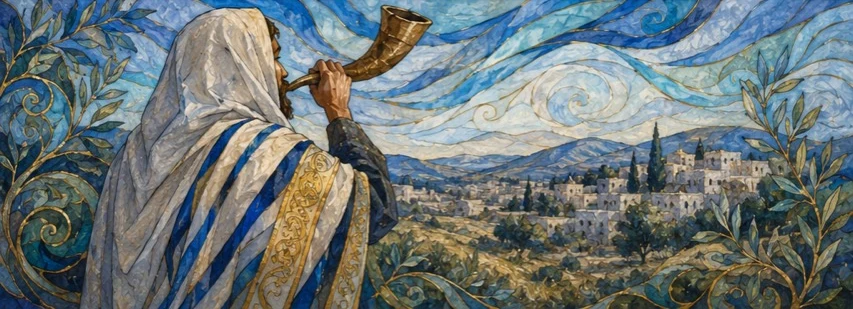 Mosaic artwork of a worshipper sounding the shofar over Jerusalem