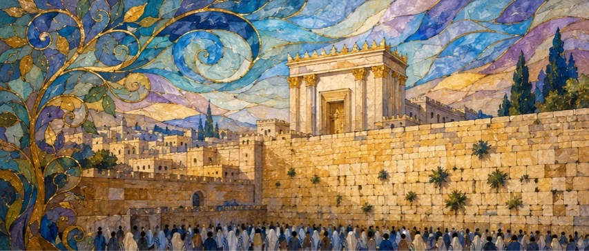 Mosaic artwork of Jerusalem, the Temple, and worshippers at the Western Wall