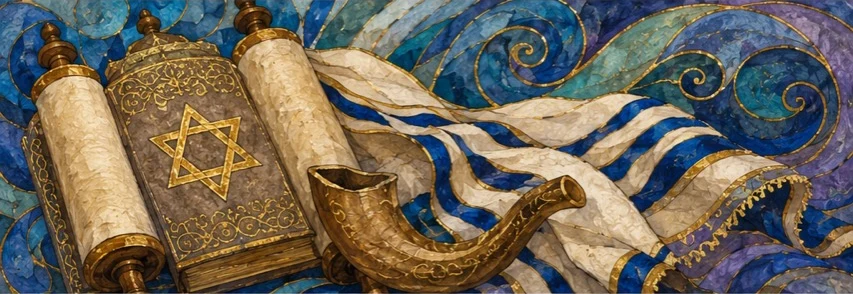 Mosaic artwork of a Torah scroll, shofar, and tallit