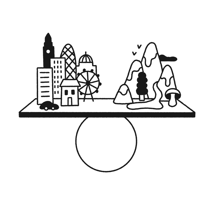 Illustration of a board balancing on a circle. There is a cityscape on one side and mountains and trees on the other.