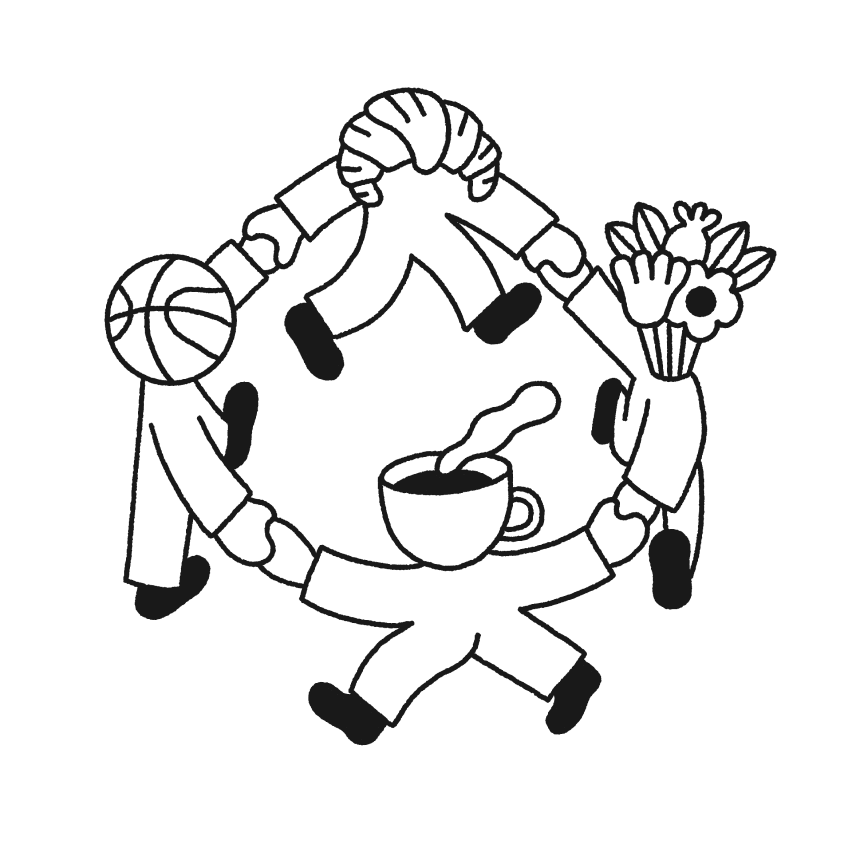 Illustration of four people holding hands in a circle. Instead of heads they have a coffee cup, flowers, a croissant and a basketball.