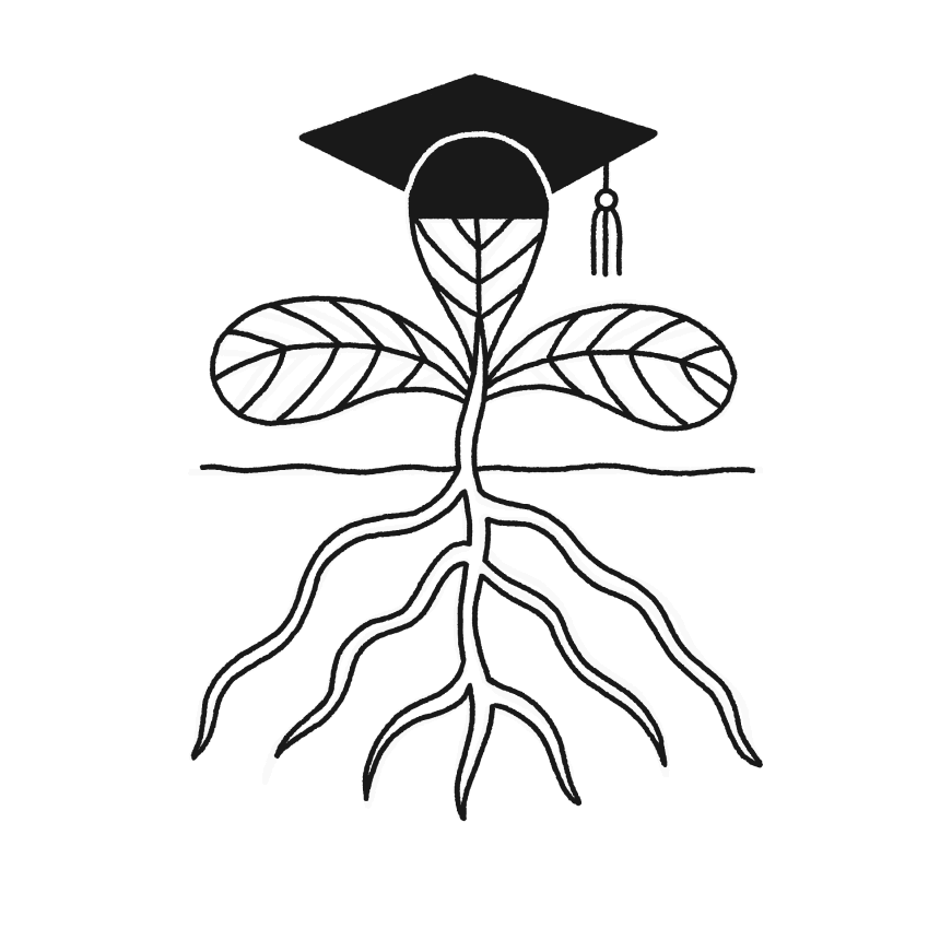 A plant with roots below the soil, 3 leafes, with the center leaf wearing a scholars hat