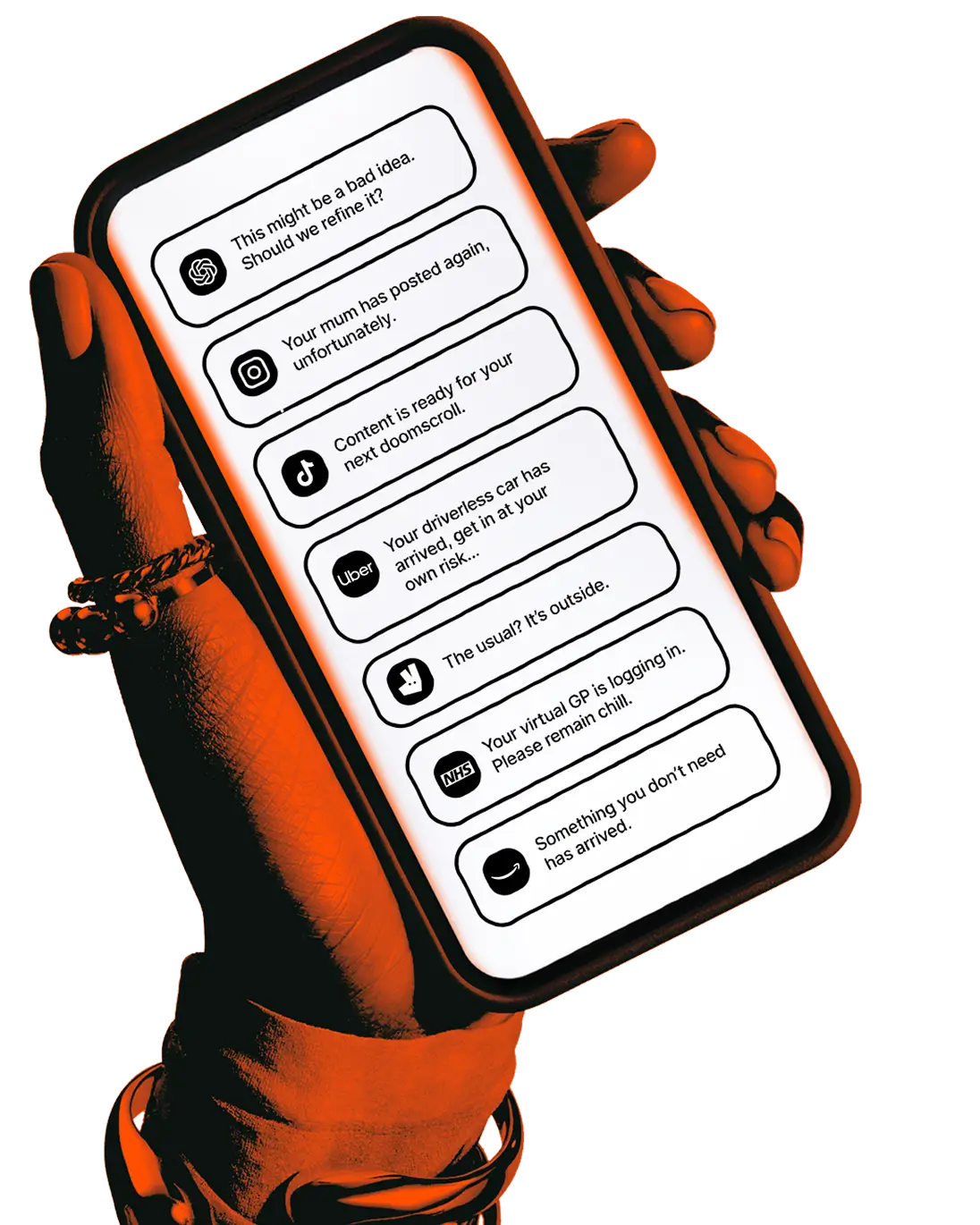Hand holding a phone with seven notifications from different apps
