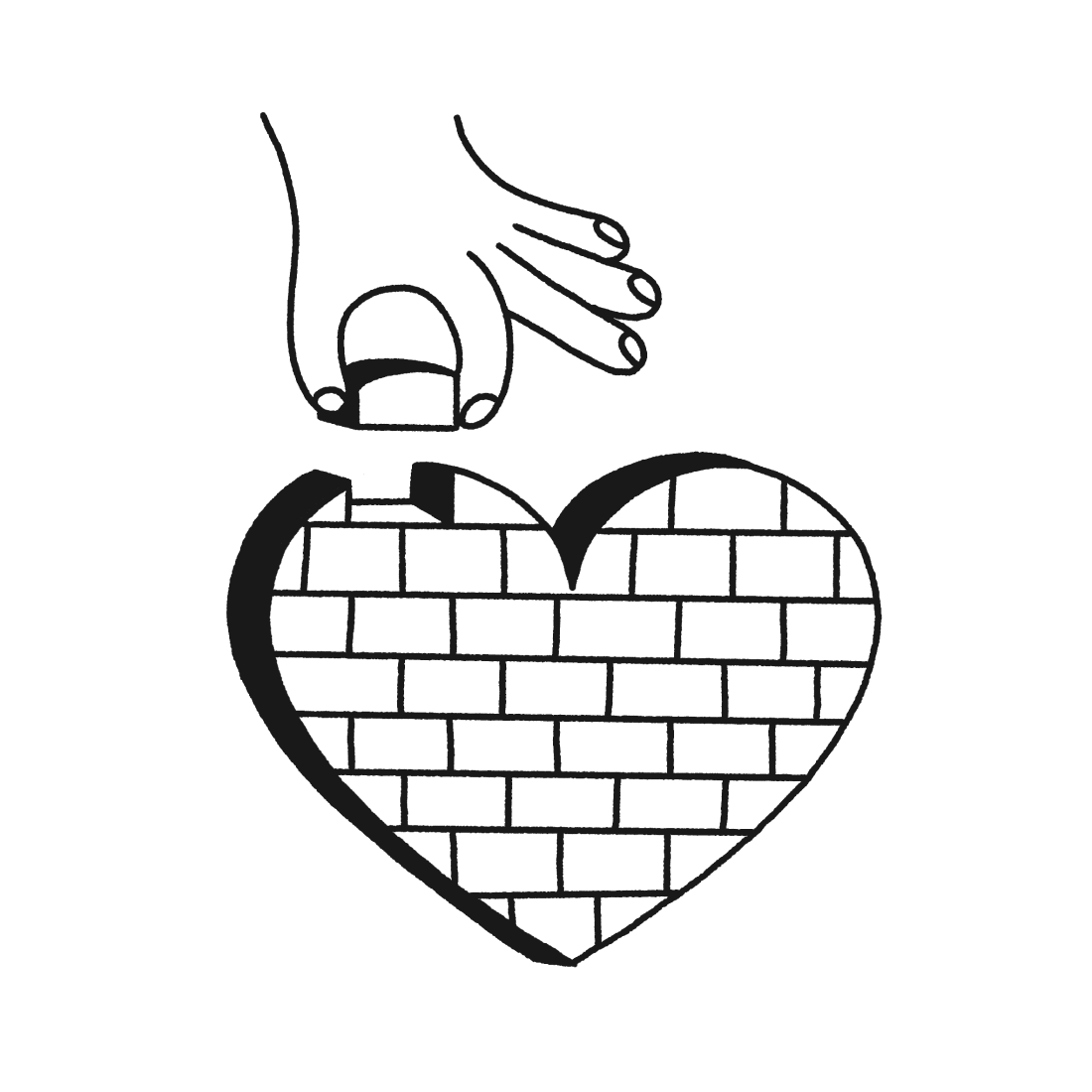Illustration of a heart made from bricks. There is a hand laying the final brick.