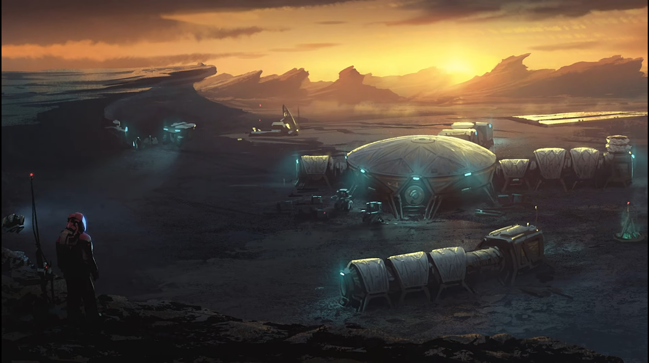 Starfield concept art - a futuristic base on a barren planet with the sun rising over a mountainous landscape.