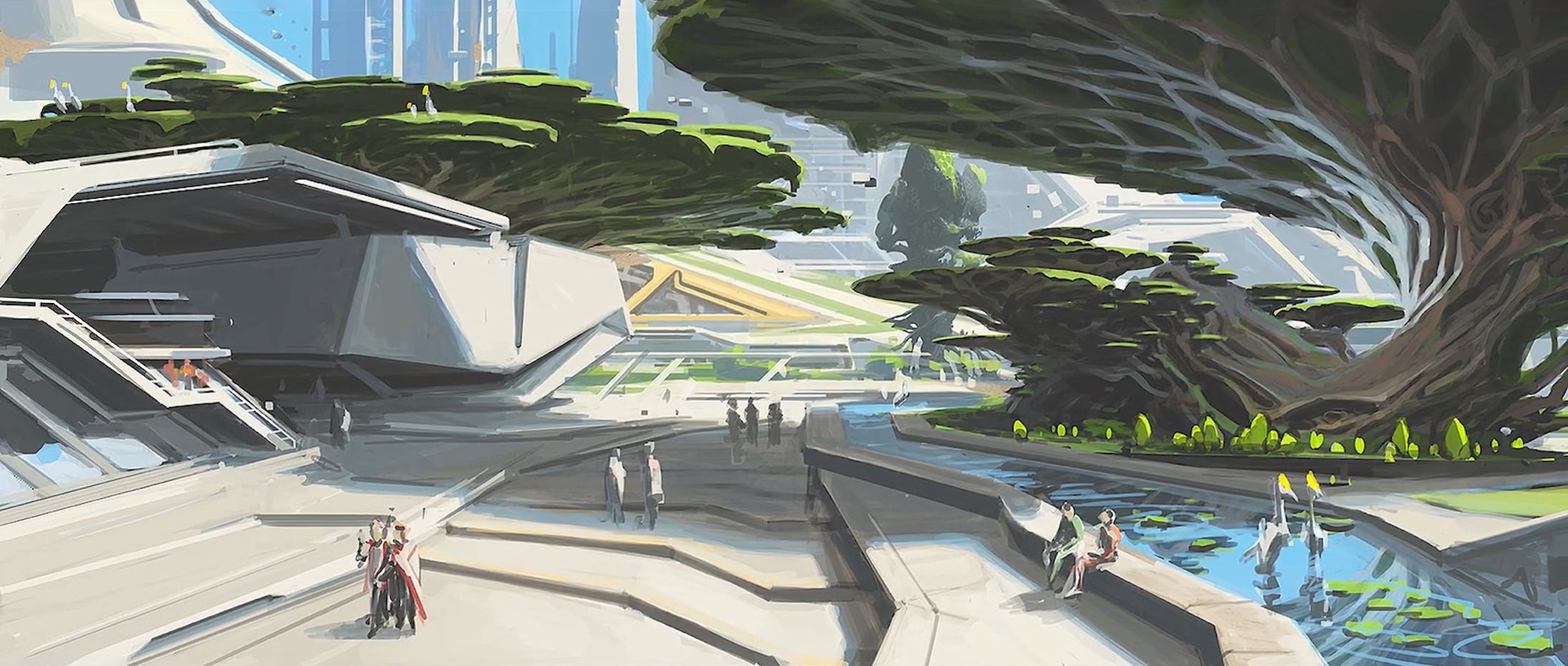 Hero image - Concept art of New Atlantis' city with futuristic walkways and trees.